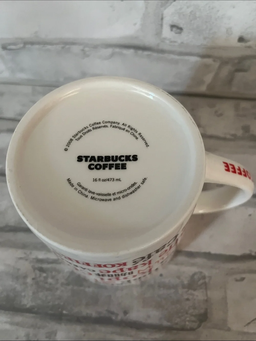 Starbucks Multilingual Coffee Ceramic Mug - White with Red Interior 16 Oz
